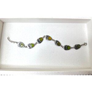 Bear Paw Bracelet Adjustable Chain Silver Plated Nature Inspired Green Yellow